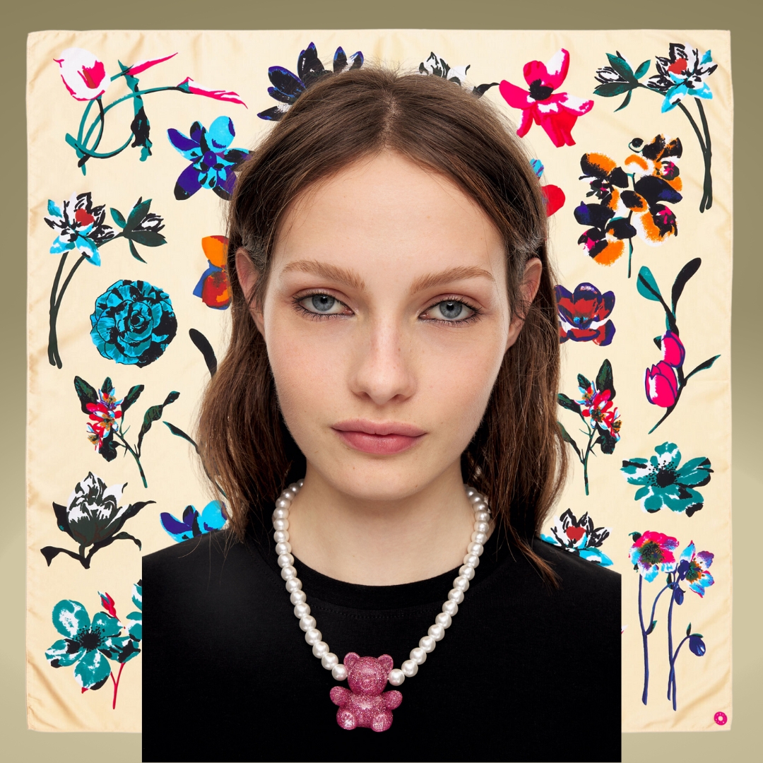 Collage with a foulard and a model wearing a pearl necklace with a pink glitter bear-all pieces from Bimba y Lola Sales