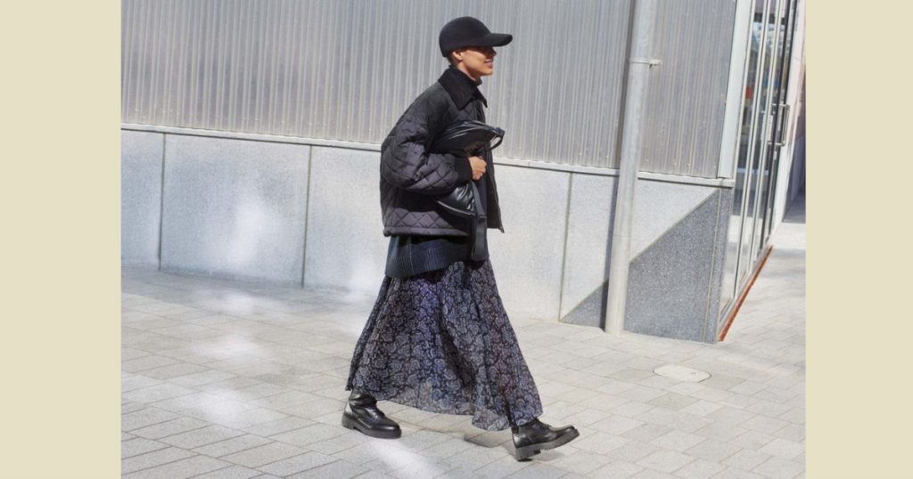 model walking in the street, wearing a maxi skirt, pullover, stepjacket and a hat from clare waight Keller and Uniqlo collaboration