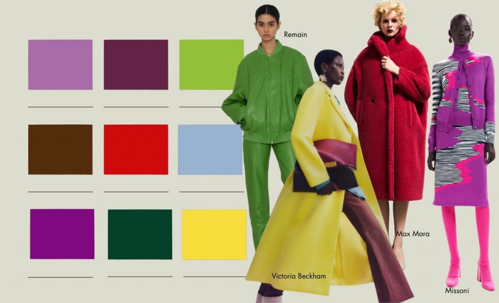 graphic with one of the AW 23-24 colours trend groups and four examples of runway looks.