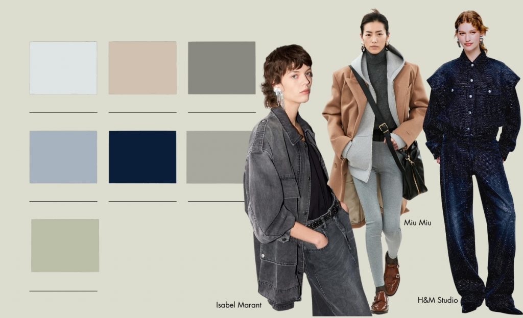 graphic with one of the AW 23-24 colours trend groups and three examples of runway looks.