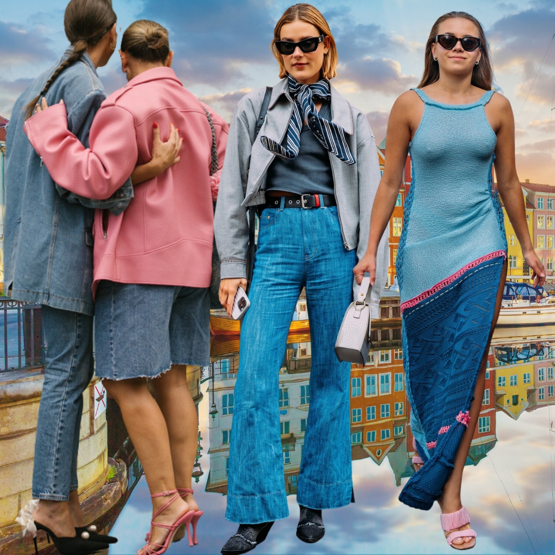 Collage with looks from the street style of CPHFW SS24 and the city of Copenhagen on the background