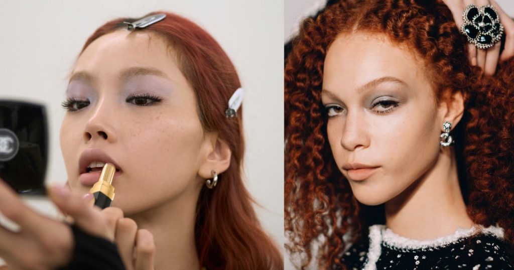 two models at Chanel runway backstage are wearing frosted eye makeup