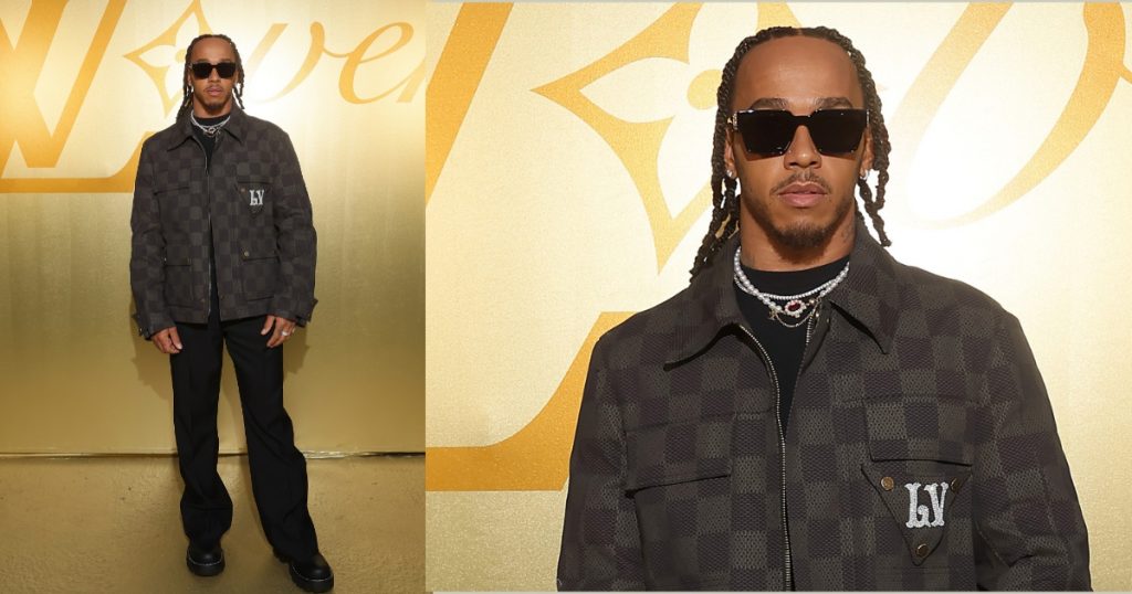 Lewis Hamilton wearing a pearl necklace at Louis Vuitton runway in Paris, created by Pharell Williams