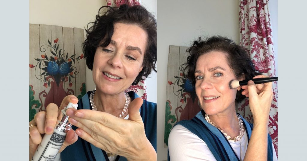 selma von schönburg, 61, showing the preparation of her mature skin to start a makeup