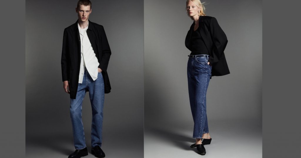 a male and a female model wearing denim and blazer from COS AW23-24 as an example on what to wear for a job interview