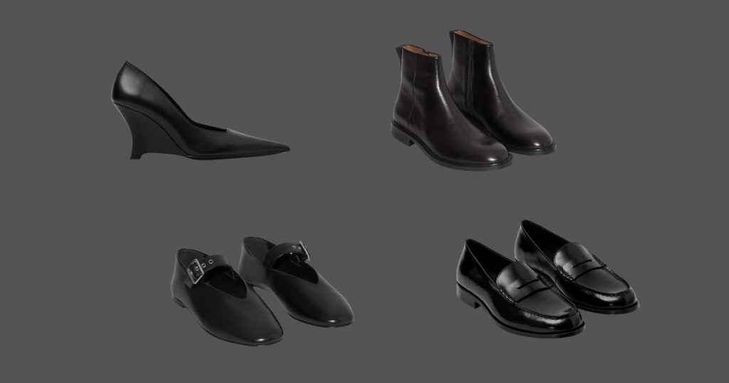 two pair of shoes for her and two pair of shoe for him from COS AW23-24 as an example on what to wear for a job interview