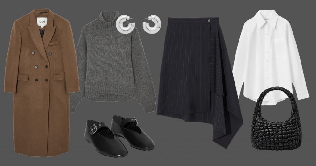 A coat, a pullover, a striped skirt, a shirt, a bag and a shoe from COS AW23-24 as an example on what to wear for a job interview