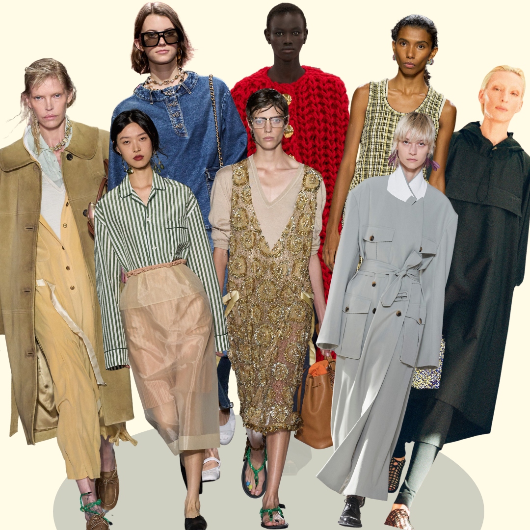 Collage showing 8 trendy looks from all fashion weeks ss24