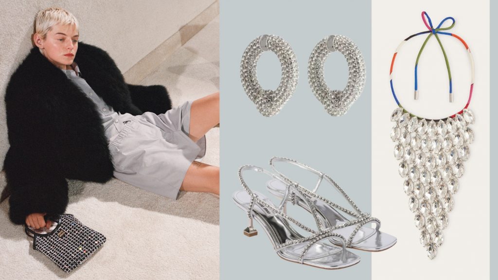 collage-Emma Corrin for Miu Miu holding a sparkling bag - earring from Balenciaga - Crystal chocker from Pucci and Miu Miu crystal sandal