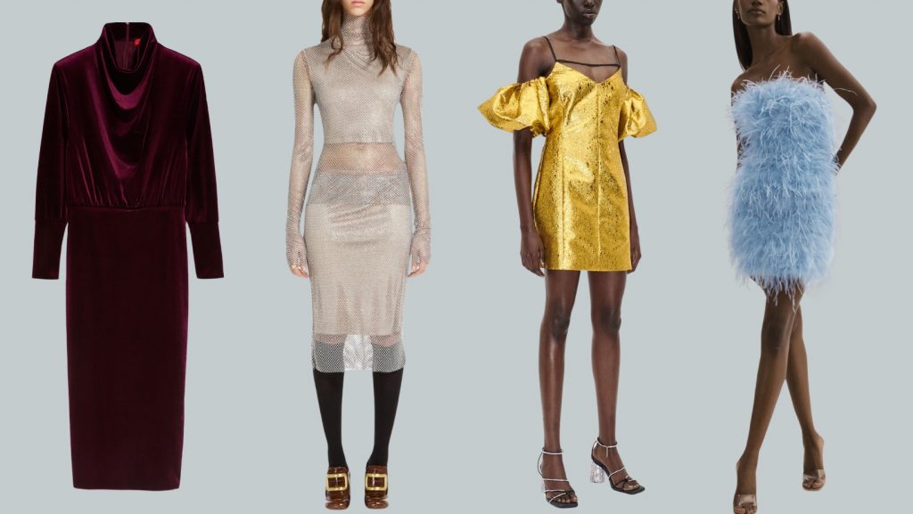 four examples of dresses for the party season-velvet, embellished, brocade and feather