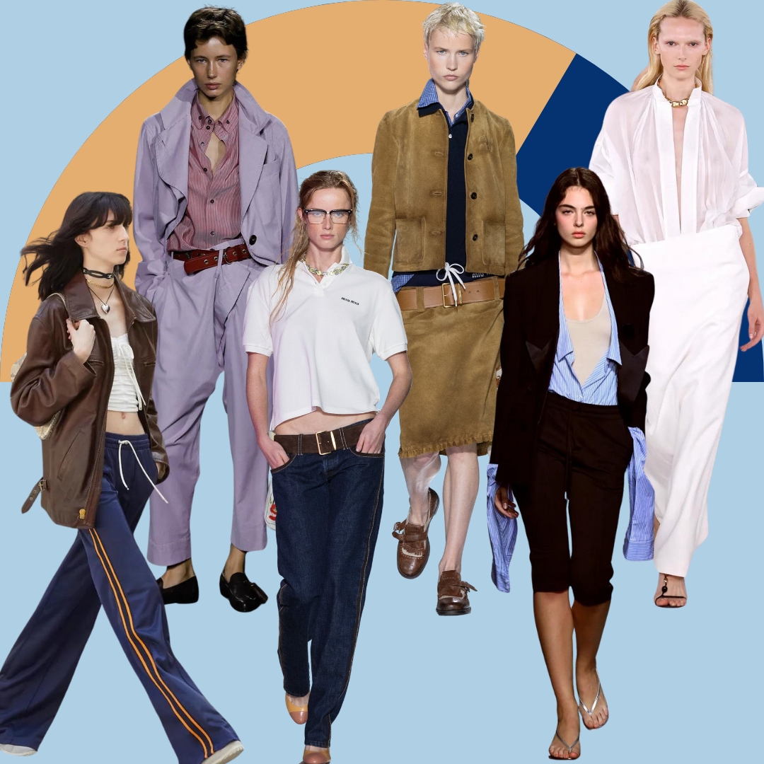 collage showing six looks from ss24 runways that will be trendy this year