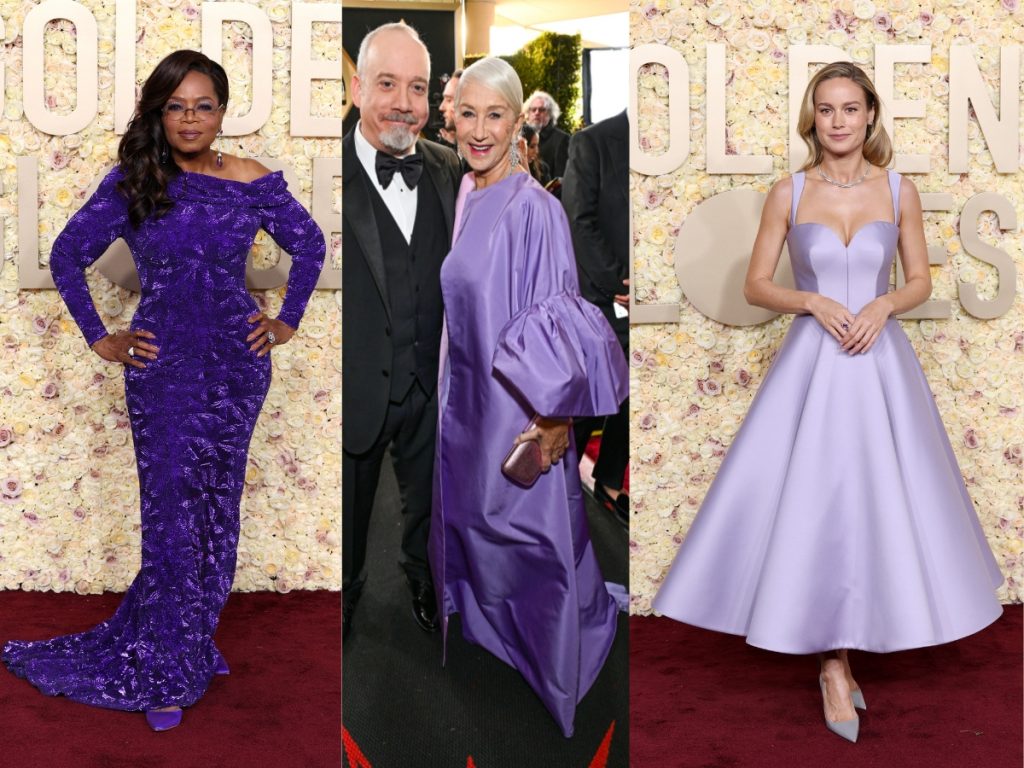 oprah winfrey, helen mirren and Brie Larson wearing lilac dresses at the golden globes 2024
