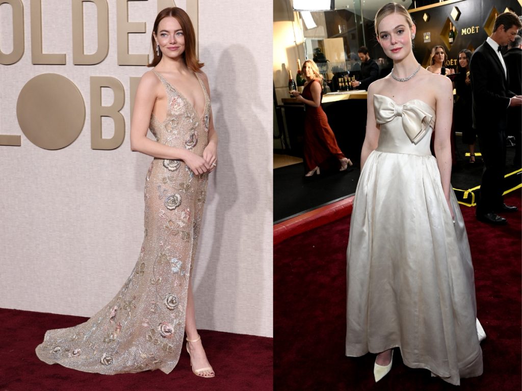 Emma Stone and Elle Fanning wearing respectivelly Louis Vuitton and vintage Pierre Balmain at the Golden Globes 2024