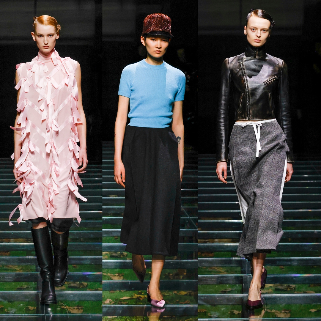 Collage with three looks from the Prada Aw24 runway at Milan Fashion Week