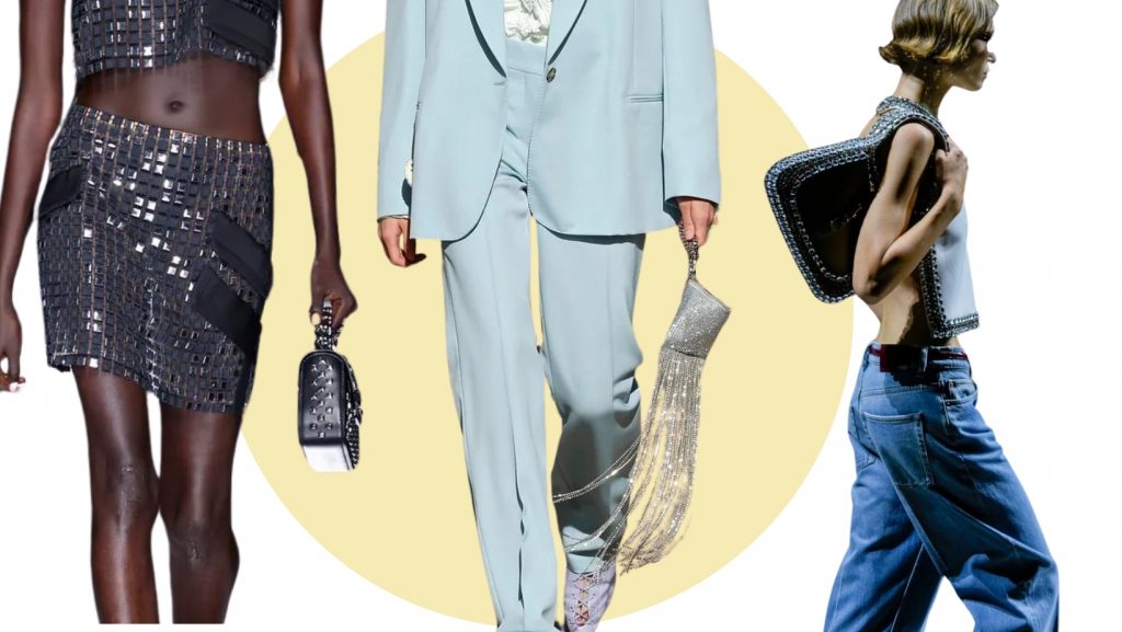 bag trends ss24- bejwelled bags-collage with runway looks from Versace, Stella Mc Cartney and Gucci