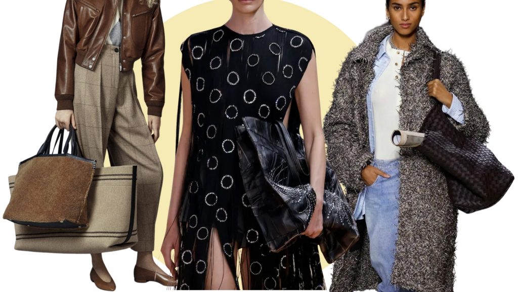 bag trends ss24- big bags-collage with runway looks from Loro Piana, Prada and Bottega Veneta