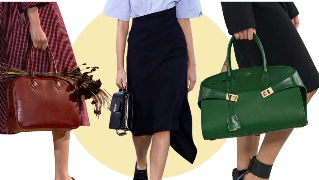 bag trends ss24- briefcase bags-collage with runway looks from Hermés, Bally and Ferragamo