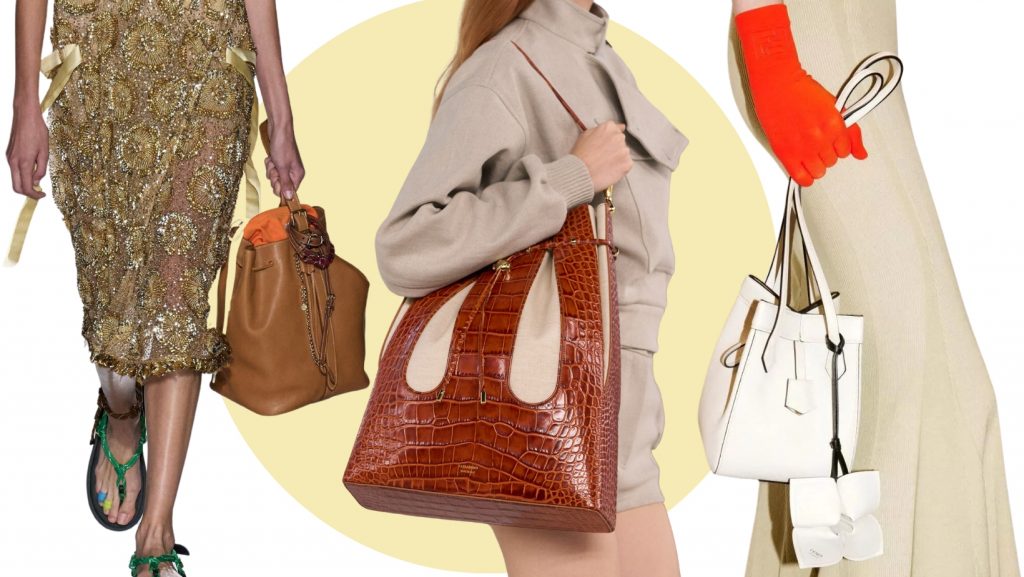 bag trends ss24- bucket bags-collage with runway looks from Miu Miu, Ferragamo and Fendi