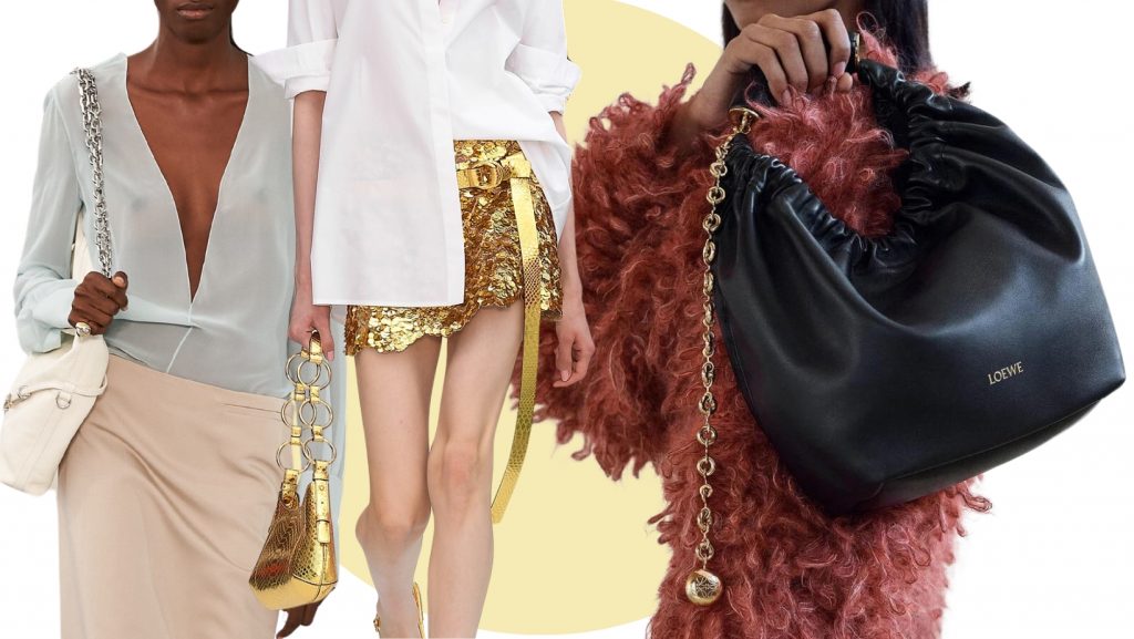 bag trends ss24- chained bags-collage with runway looks from Givenchy, Michael Kors and Loewe