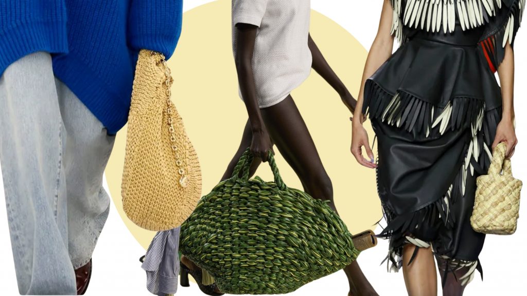bag trends ss24-woven bags -collage with runway looks from Loewe and Bottega Veneta.