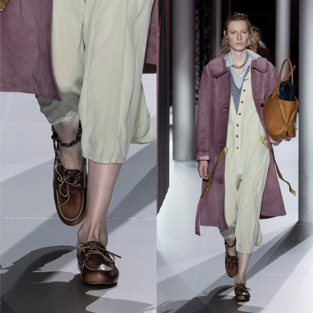 Collage with a runway look from Miu Miu SS24 and a detail of the boat shoes that the model are wearing