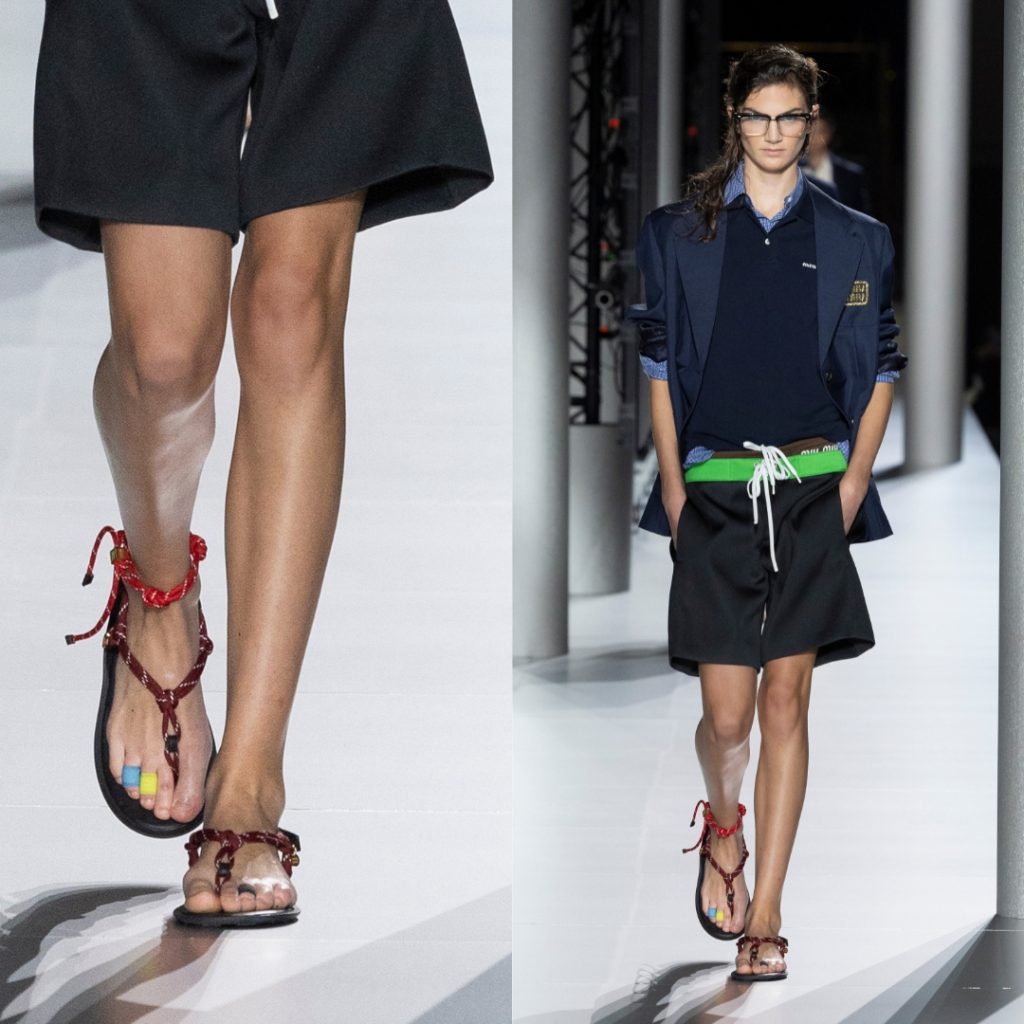 Collage with a runway look from Miu Miu SS24 and a detail of the surf sandal that the model are wearing