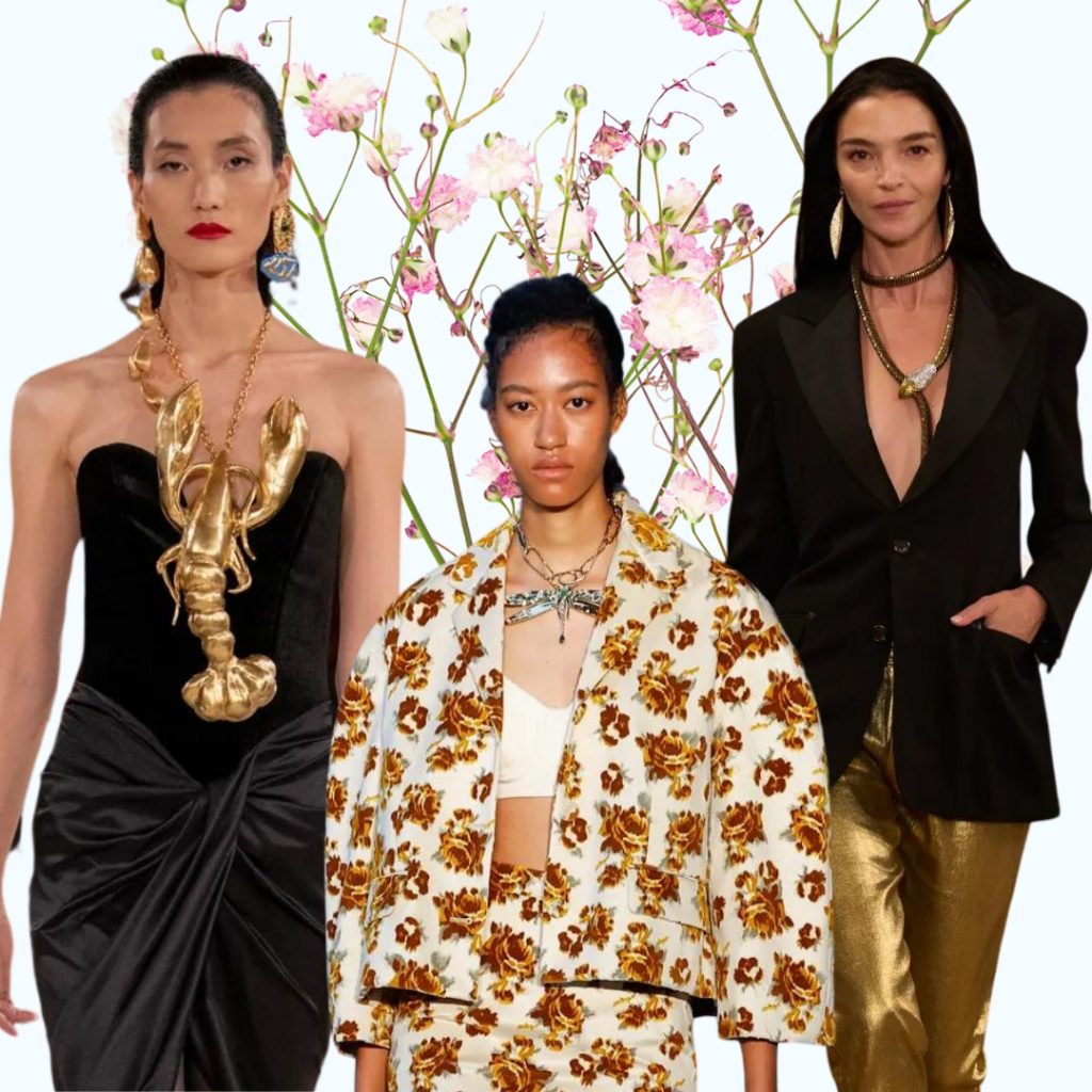 Models from Schiaparelli, Erdem and Ralph Lauren showing Jewellery trends SS24 - animal