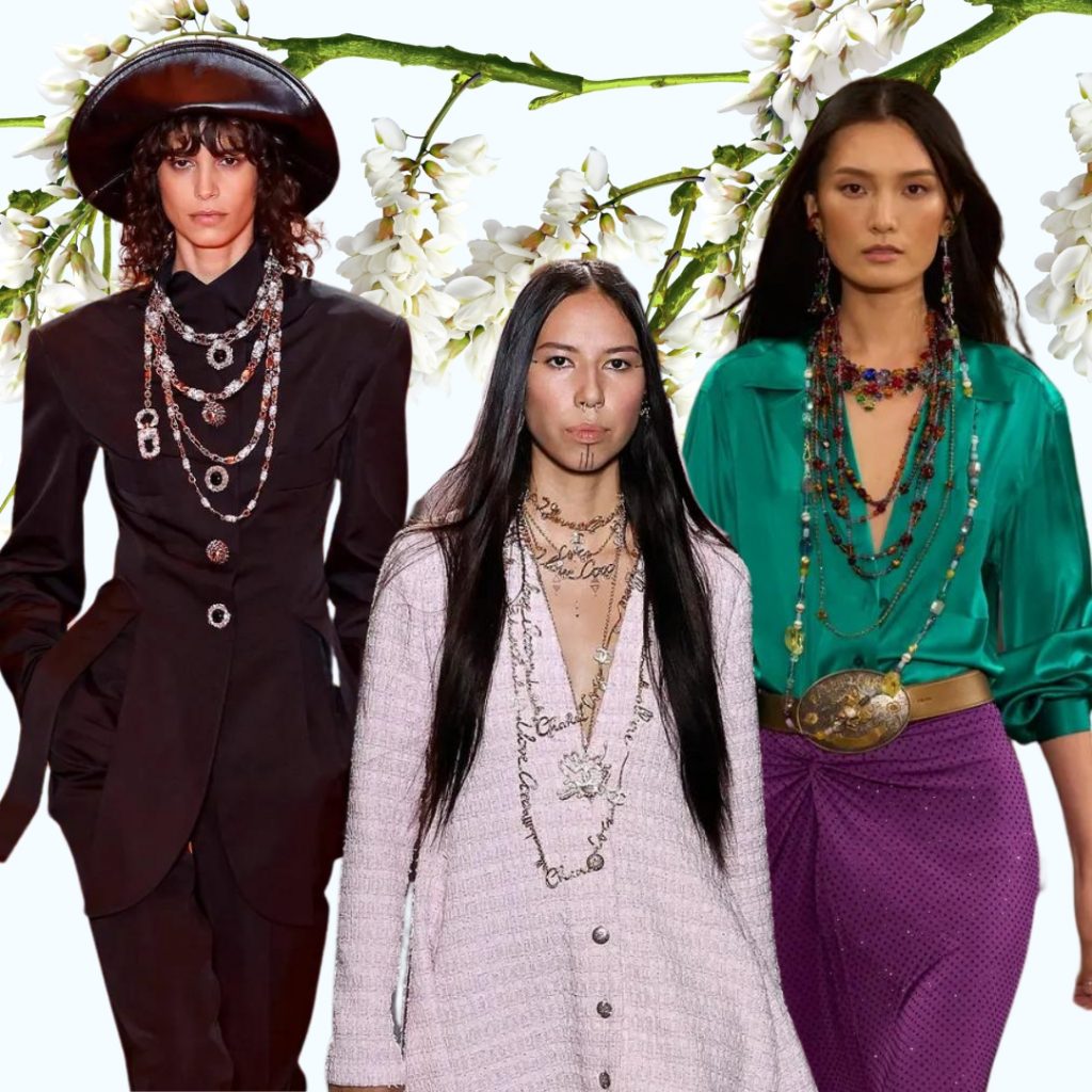 Models from Louis Vuitton, Chanel and Ralph Lauren showing Jewellery trends SS24 - Layering