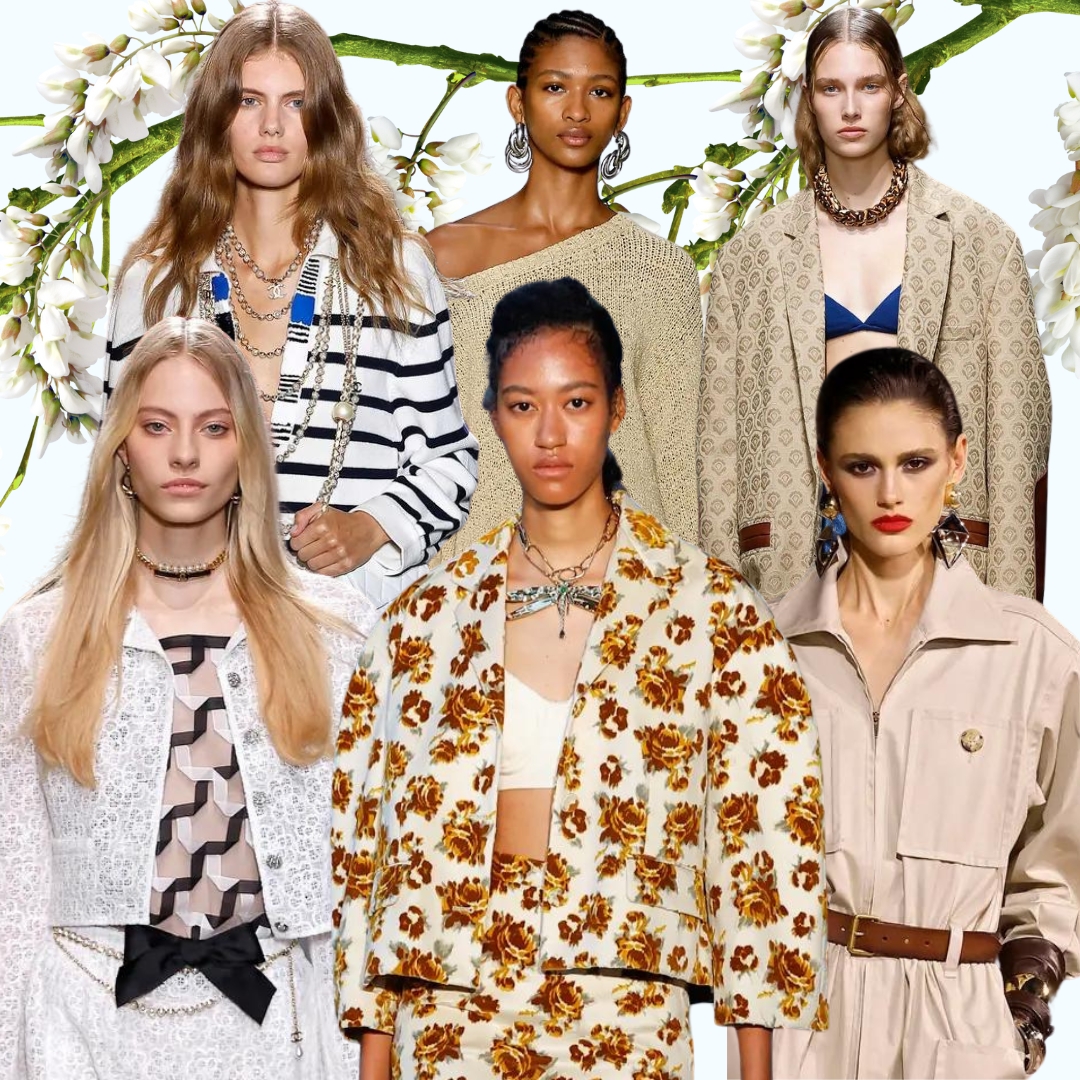 collage with models from Chanel, Saint Laurent, Erdem showing jewellery trends SS24-chokers