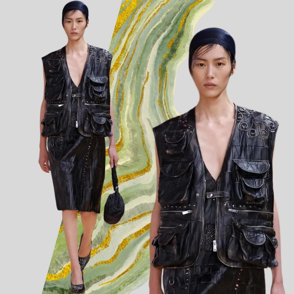 Collage with model wearing a fishing vest in leather from Prada SS24