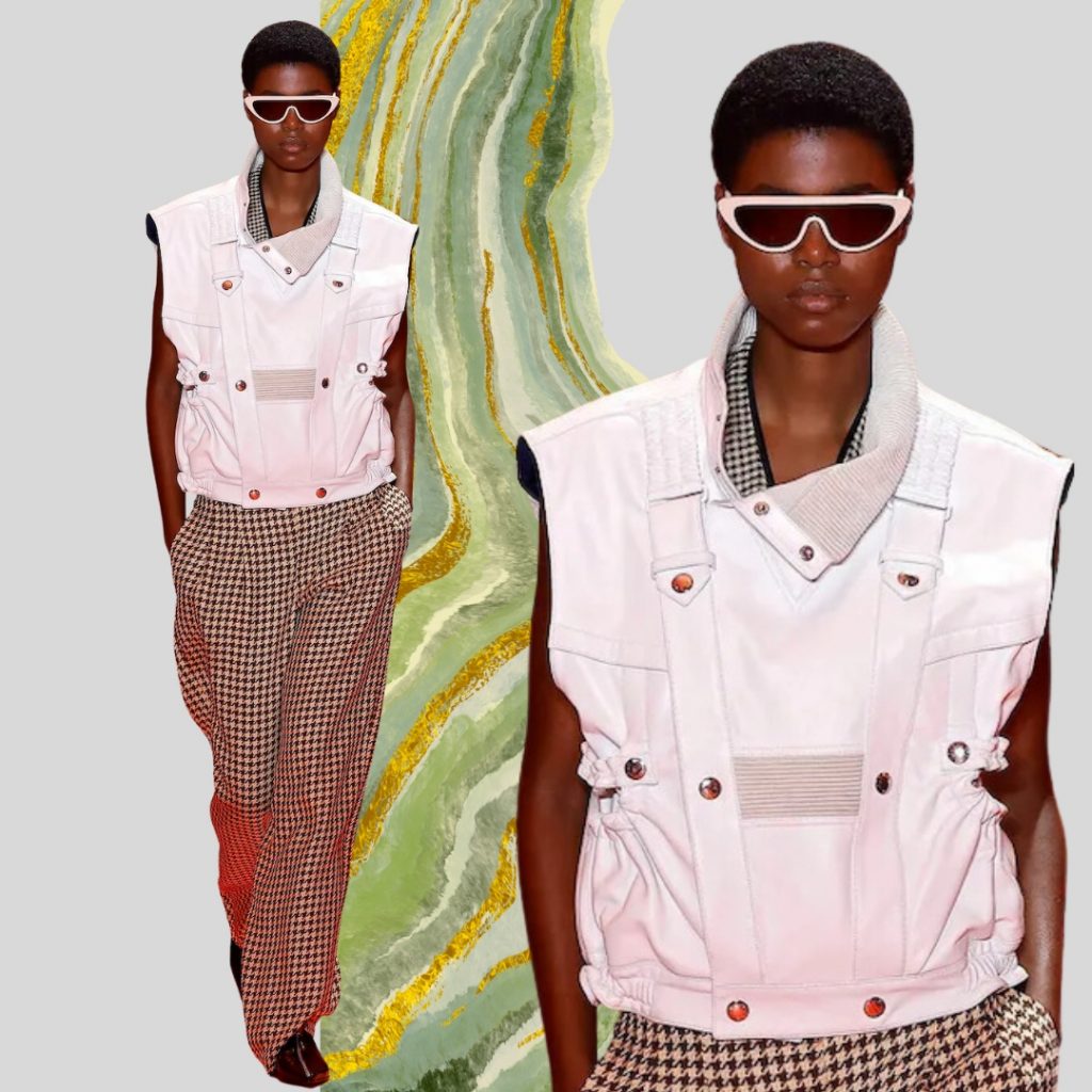 Collage with model wearing a fishing vest in leather from Louis Vuitton SS24