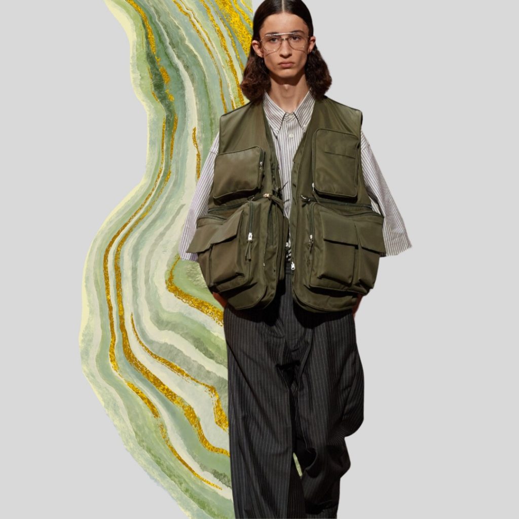 Collage with model wearing an oversized fishing vest from Hed Mayner SS24