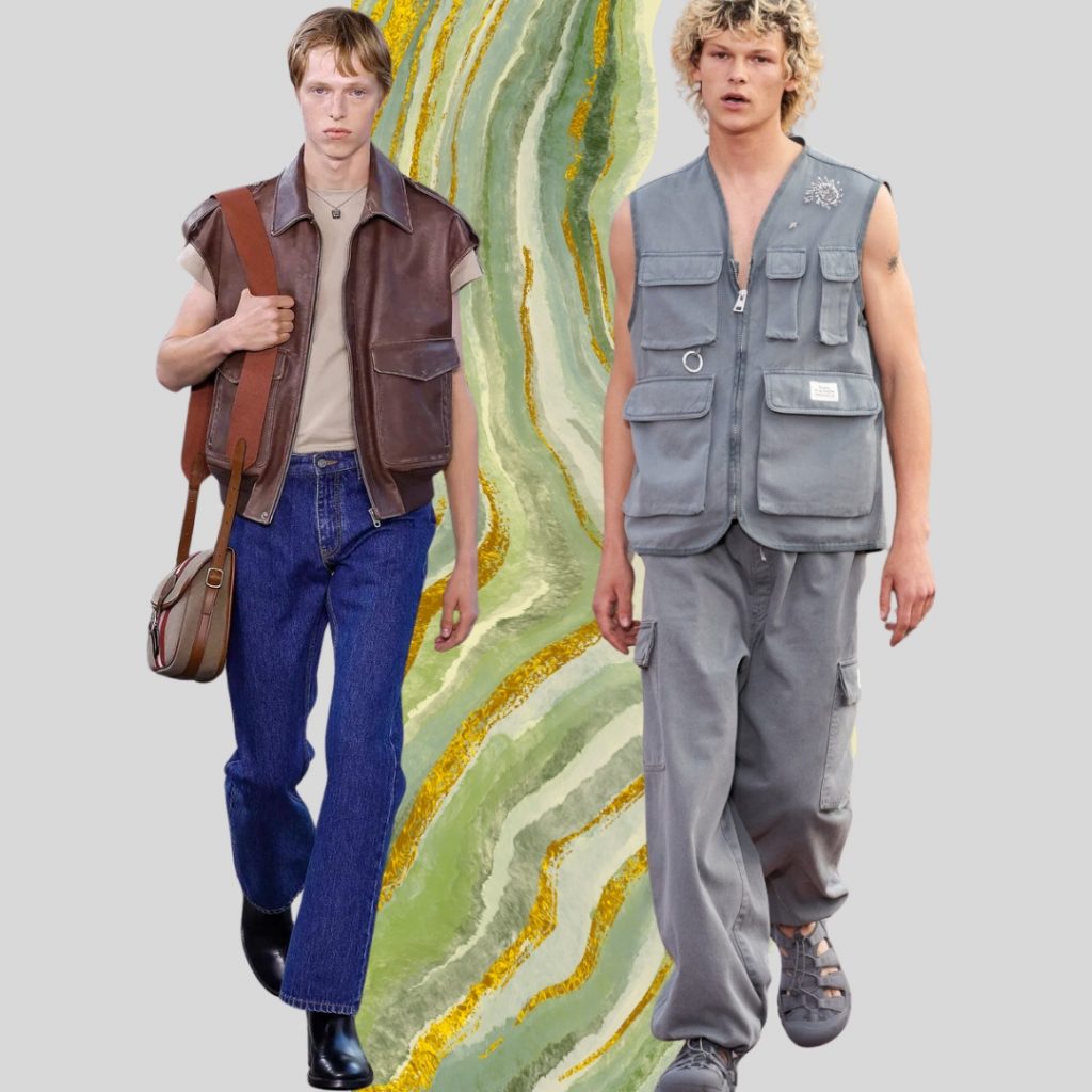 Collage with two male model wearing a fishing vest from Prada and Études SS24