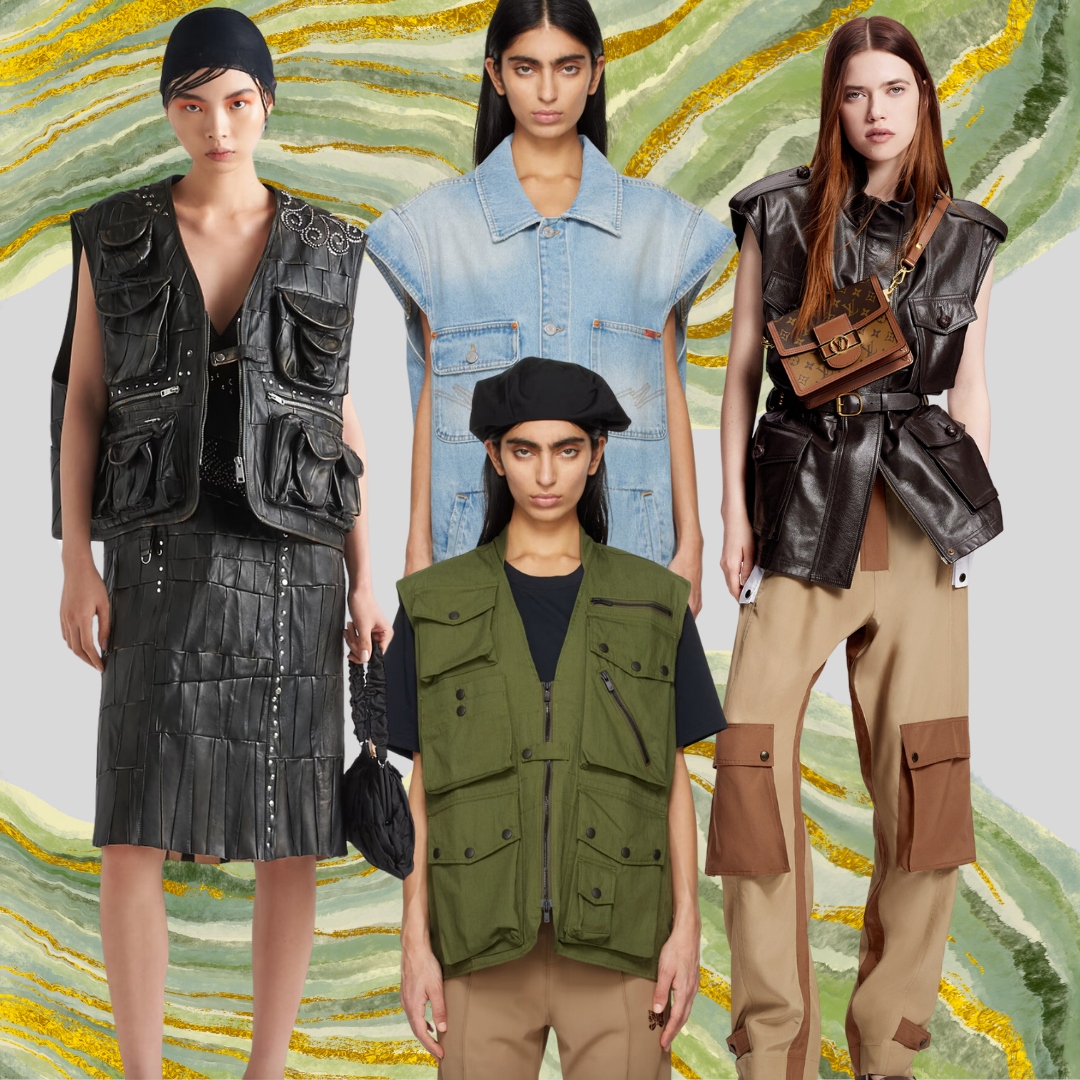 Collage with four models wearing a fishing vest from Prada, Louis Vuitton, Martine Rose and Needles SS24