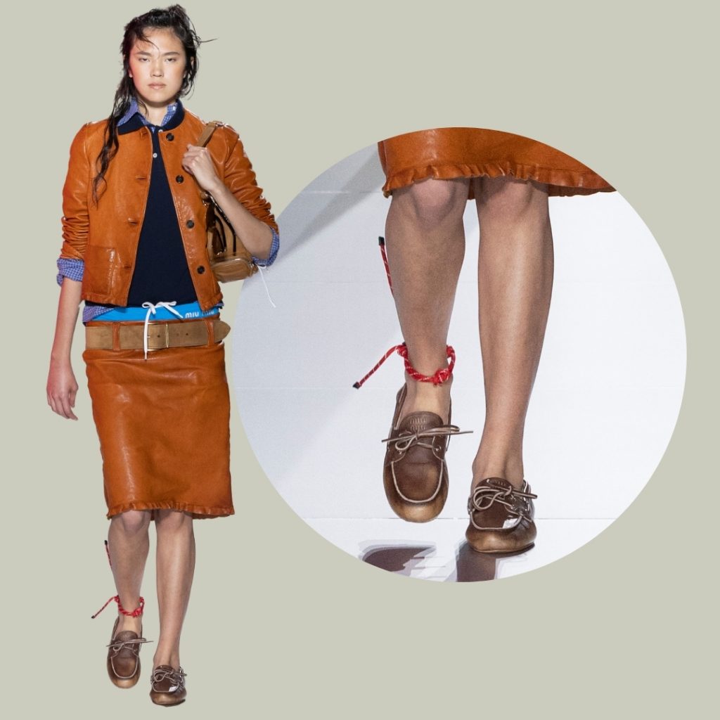 Miu Miu model wearing a pencil skirt and a leather jacket paired with a boat shoe and in the right side we can see a detail of this shoe