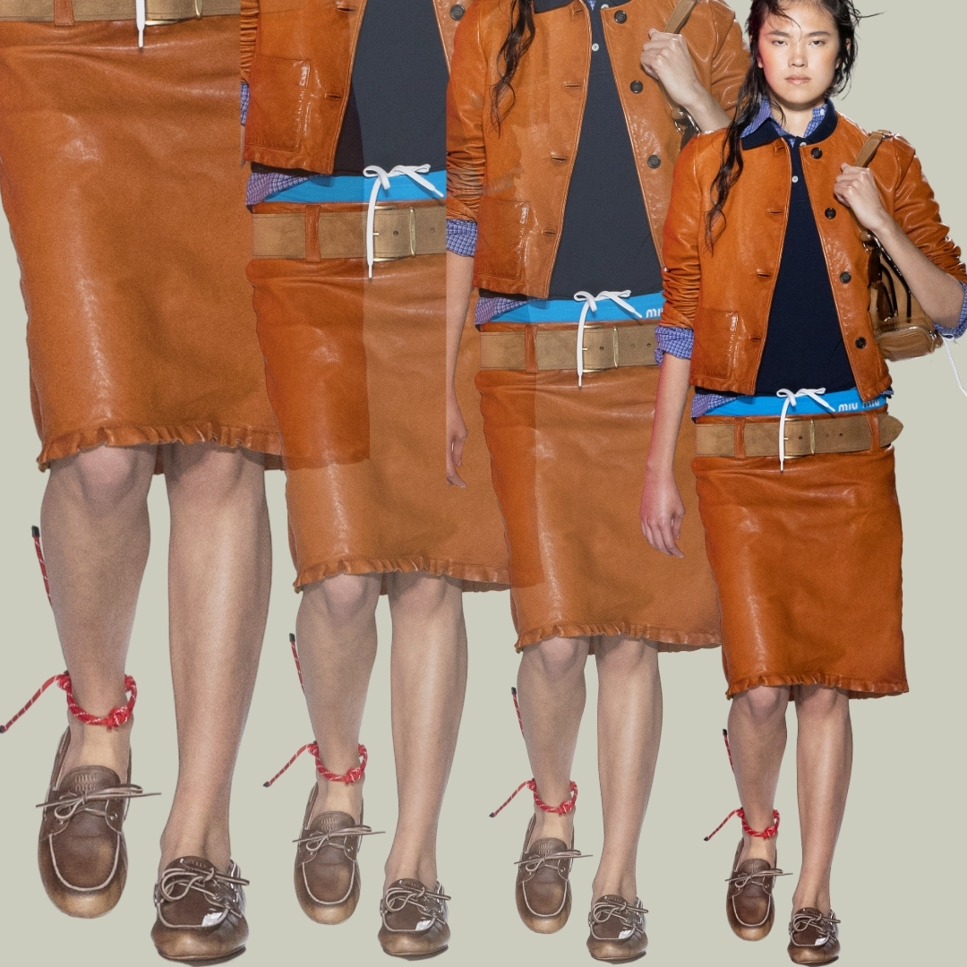collage with a Miu Miu model wearing a leather skirt and jacket paired with a boat shoe from the SS24 runway