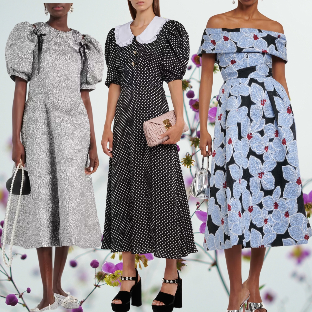 Collage with three dresses; a silver, a polka dot and a floral as inspiration for what to wear to a wedding