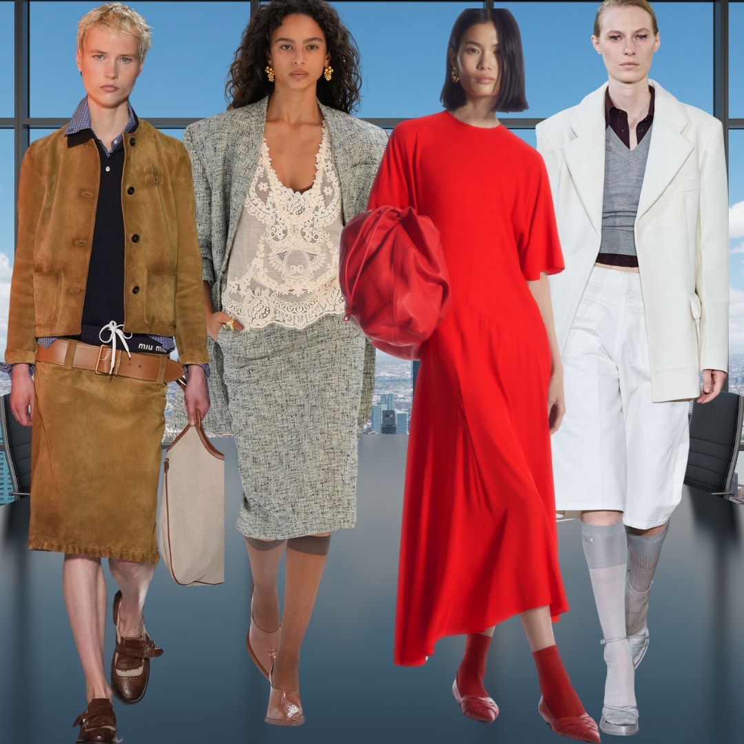 Collage with four models from SS24 runway from Miu MIu, Zimmermann, COS and Victoria Beckham inspiring workwear