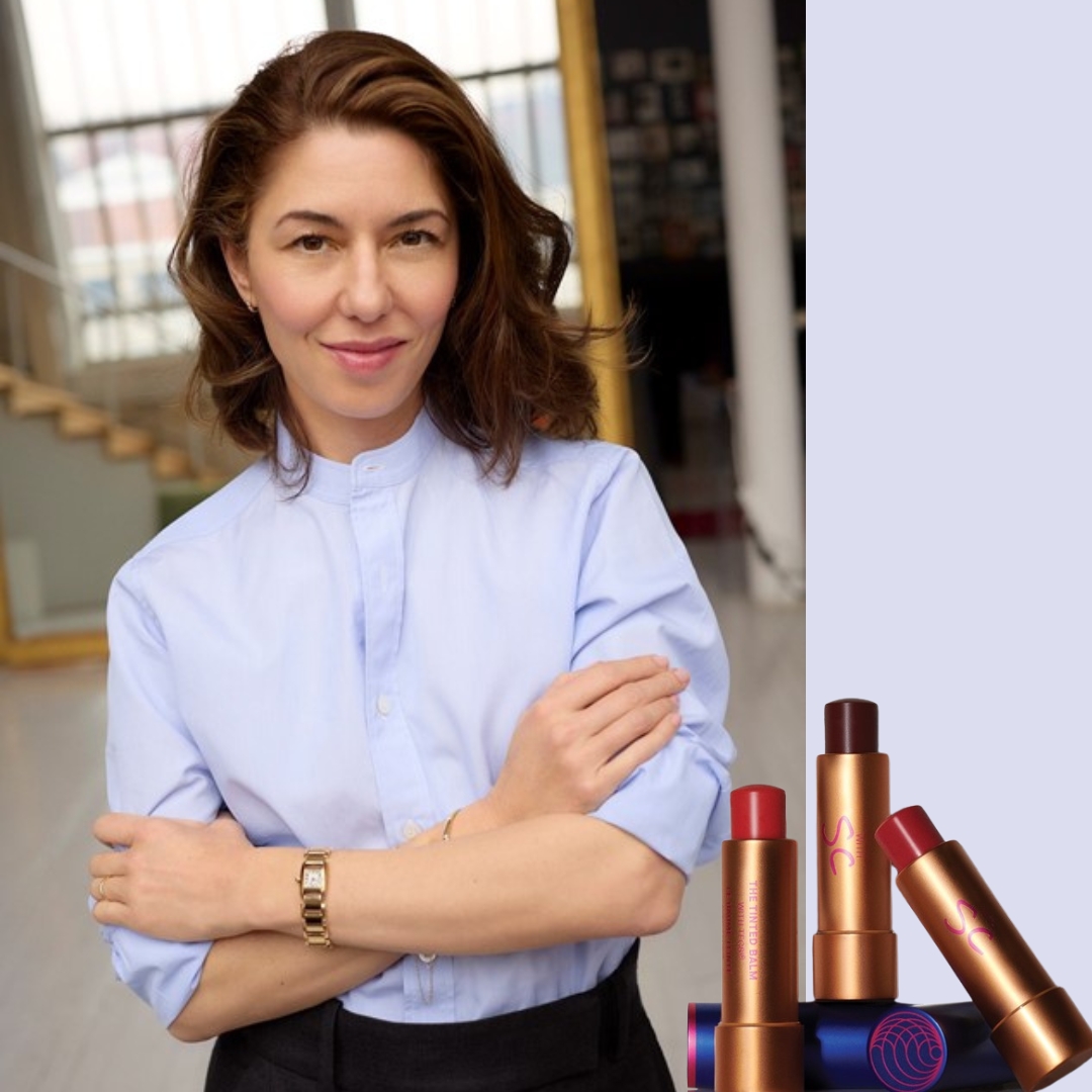 Collage showing Sofia Coppola wearing a blue shirt and a gold cartier wristwatch and three of her lip balms